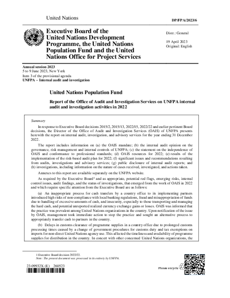 Report of the Director of the Office of Audit and Investigation Services on UNFPA internal audit and investigation activities in 2022